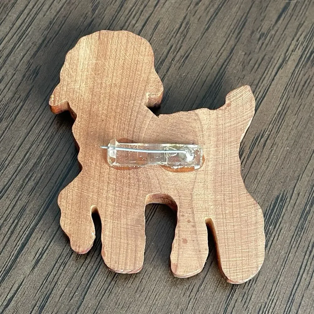 Vintage 1940s Wooden Lamb Brooch Pin Carved Hand Painted Barbara Script READ